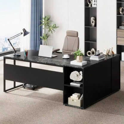 71 L - Shaped Executive Desk with Storage Cabinet Shelves, Large Industrial Home Office Computer Desk, Business Workstation with Printer Cabinet CPU Stand, Black