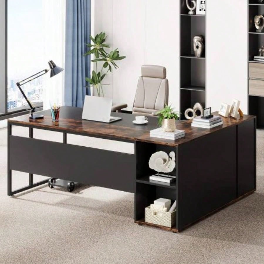 71 L - Shaped Executive Desk with Storage Cabinet Shelves, Large Industrial Home Office Computer Desk, Business Workstation with Printer Cabinet CPU Stand, Rustic Brown and Black