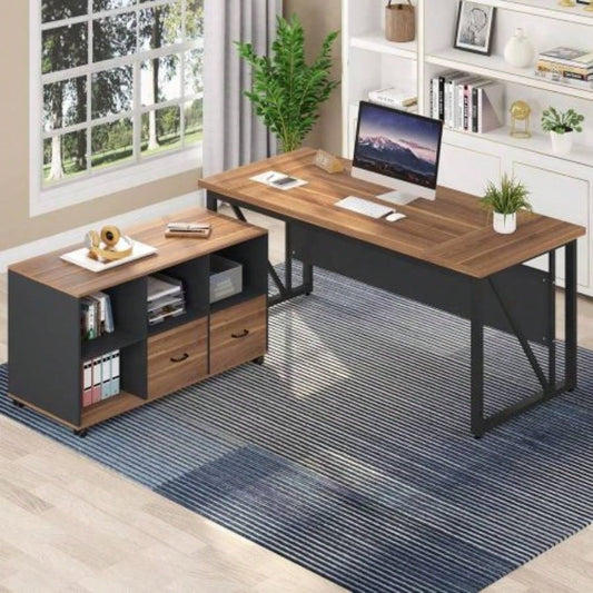 63 - Inch Executive Desk with 47 - Inch Mobile File Cabinet, Large Home Office Desk with Drawers and Storage Shelves, L - Shaped Computer Desk Workstation Business Furniture, Walnut Black