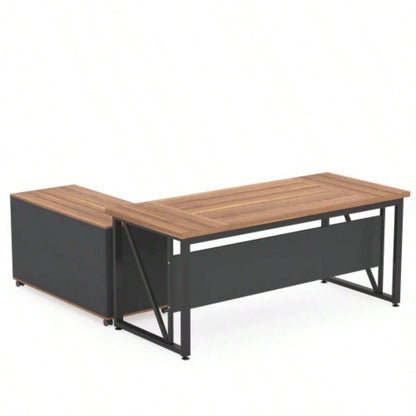 63 - Inch Executive Desk with 47 - Inch Mobile File Cabinet, Large Home Office Desk with Drawers and Storage Shelves, L - Shaped Computer Desk Workstation Business Furniture, Walnut Black