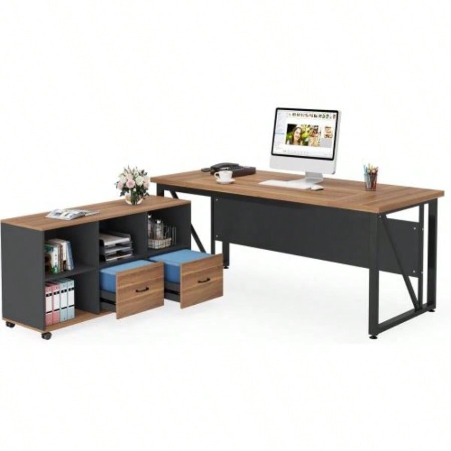 63 - Inch Executive Desk with 47 - Inch Mobile File Cabinet, Large Home Office Desk with Drawers and Storage Shelves, L - Shaped Computer Desk Workstation Business Furniture, Walnut Black