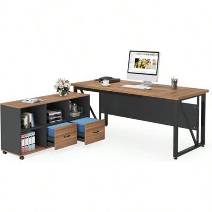 63 - Inch Executive Desk with 47 - Inch Mobile File Cabinet, Large Home Office Desk with Drawers and Storage Shelves, L - Shaped Computer Desk Workstation Business Furniture, Walnut Black