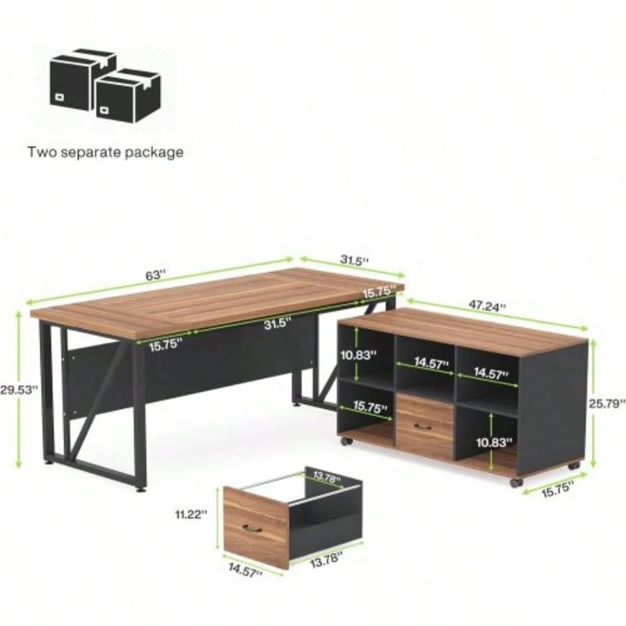 63 - Inch Executive Desk with 47 - Inch Mobile File Cabinet, Large Home Office Desk with Drawers and Storage Shelves, L - Shaped Computer Desk Workstation Business Furniture, Walnut Black