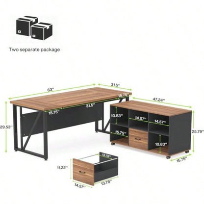 63 - Inch Executive Desk with 47 - Inch Mobile File Cabinet, Large Home Office Desk with Drawers and Storage Shelves, L - Shaped Computer Desk Workstation Business Furniture, Walnut Black