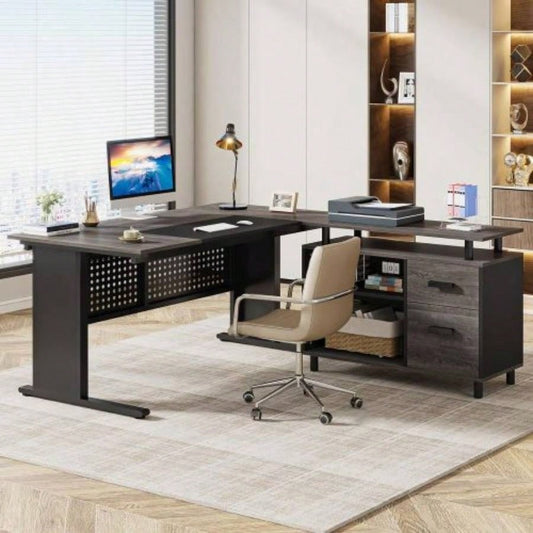 63 L - Shaped Executive Desk with File Cabinet, Large Modern Office Desk with Drawers, Shelves Storage, Corner Computer Workstation Home Office, Business Desk in Gray and Black
