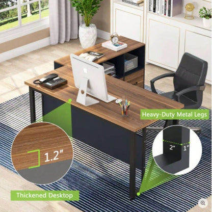 63 - Inch Executive Desk with 47 - Inch Mobile File Cabinet, Large Home Office Desk with Drawers and Storage Shelves, L - Shaped Computer Desk Workstation Business Furniture, Walnut Black