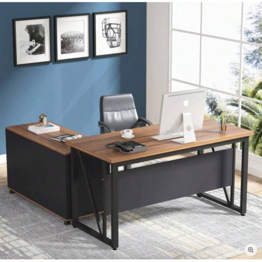 63 - Inch Executive Desk with 47 - Inch Mobile File Cabinet, Large Home Office Desk with Drawers and Storage Shelves, L - Shaped Computer Desk Workstation Business Furniture, Walnut Black