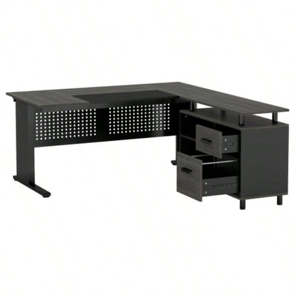 63 L - Shaped Executive Desk with File Cabinet, Large Modern Office Desk with Drawers, Shelves Storage, Corner Computer Workstation Home Office, Business Desk in Gray and Black