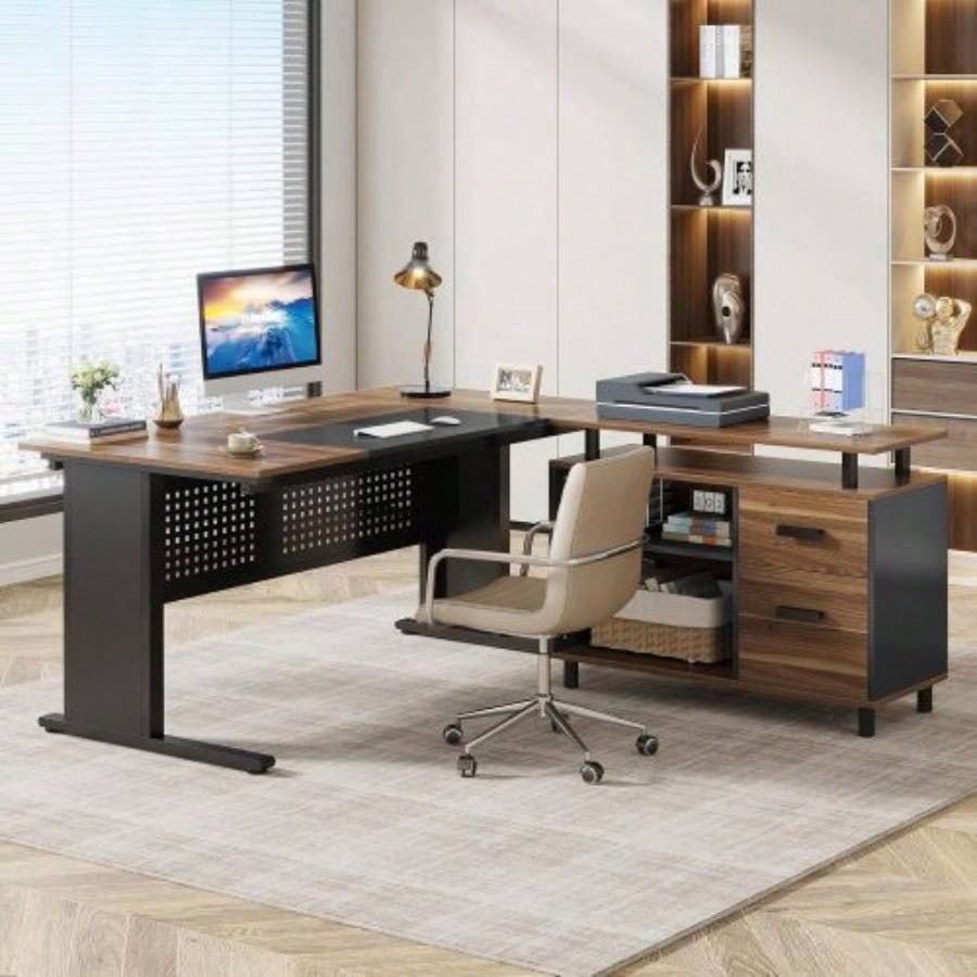 63 L - Shaped Executive Desk with File Cabinet, Large Modern Office Desk with Drawers, Shelves Storage, Corner Computer Workstation Home Office, Business Desk in Rustic Brown and Black