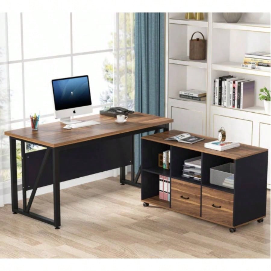 63 - Inch Executive Desk with 47 - Inch Mobile File Cabinet, Large Home Office Desk with Drawers and Storage Shelves, L - Shaped Computer Desk Workstation Business Furniture, Walnut Black