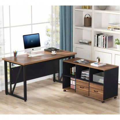 63 - Inch Executive Desk with 47 - Inch Mobile File Cabinet, Large Home Office Desk with Drawers and Storage Shelves, L - Shaped Computer Desk Workstation Business Furniture, Walnut Black
