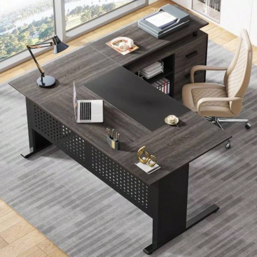 63 L - Shaped Executive Desk with File Cabinet, Large Modern Office Desk with Drawers, Shelves Storage, Corner Computer Workstation Home Office, Business Desk in Gray and Black