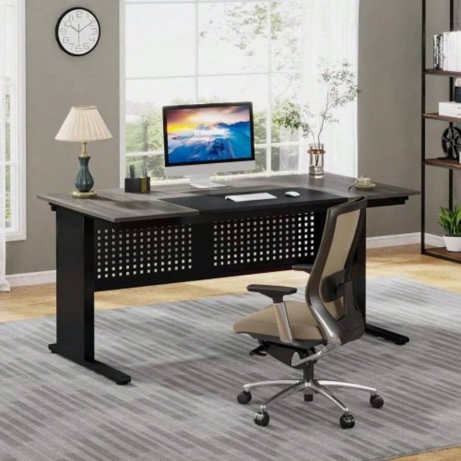 63 L - Shaped Executive Desk with File Cabinet, Large Modern Office Desk with Drawers, Shelves Storage, Corner Computer Workstation Home Office, Business Desk in Gray and Black