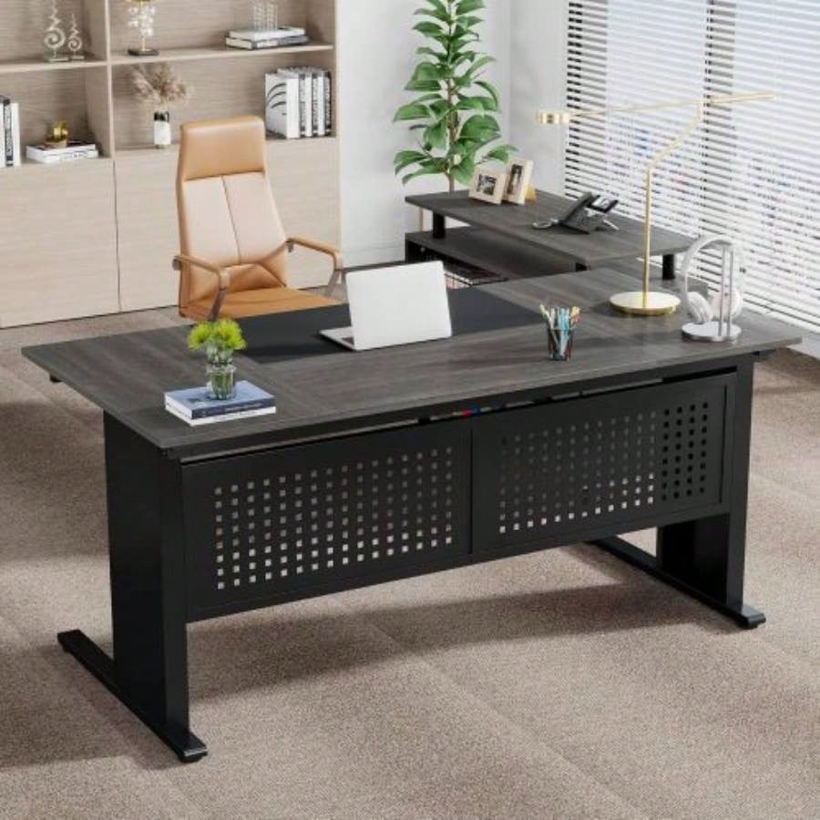 63 L - Shaped Executive Desk with File Cabinet, Large Modern Office Desk with Drawers, Shelves Storage, Corner Computer Workstation Home Office, Business Desk in Gray and Black