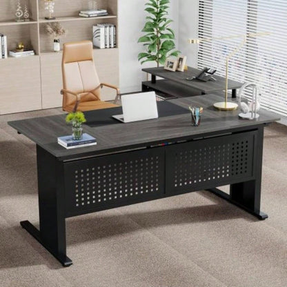 63 L - Shaped Executive Desk with File Cabinet, Large Modern Office Desk with Drawers, Shelves Storage, Corner Computer Workstation Home Office, Business Desk in Gray and Black