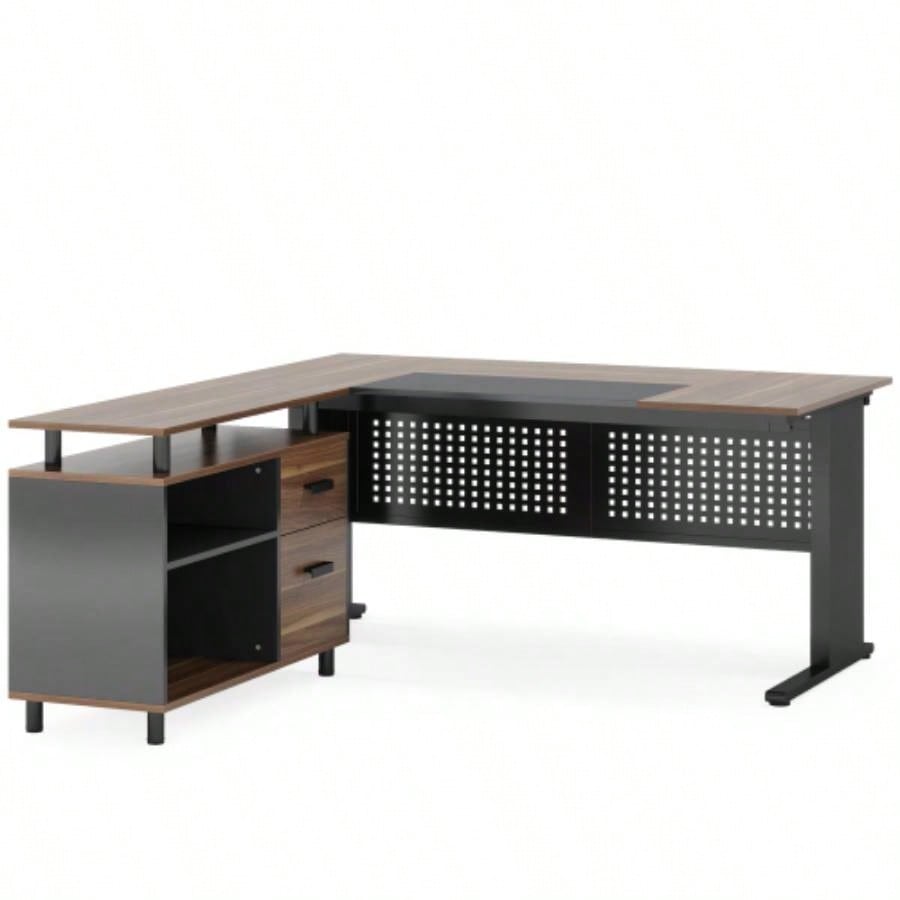 63 L - Shaped Executive Desk with File Cabinet, Large Modern Office Desk with Drawers, Shelves Storage, Corner Computer Workstation Home Office, Business Desk in Rustic Brown and Black
