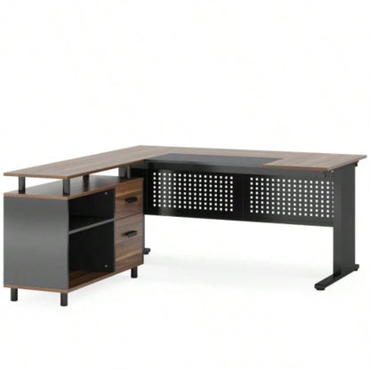 63 L - Shaped Executive Desk with File Cabinet, Large Modern Office Desk with Drawers, Shelves Storage, Corner Computer Workstation Home Office, Business Desk in Rustic Brown and Black