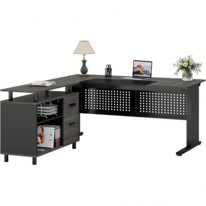 63 L - Shaped Executive Desk with File Cabinet, Large Modern Office Desk with Drawers, Shelves Storage, Corner Computer Workstation Home Office, Business Desk in Gray and Black