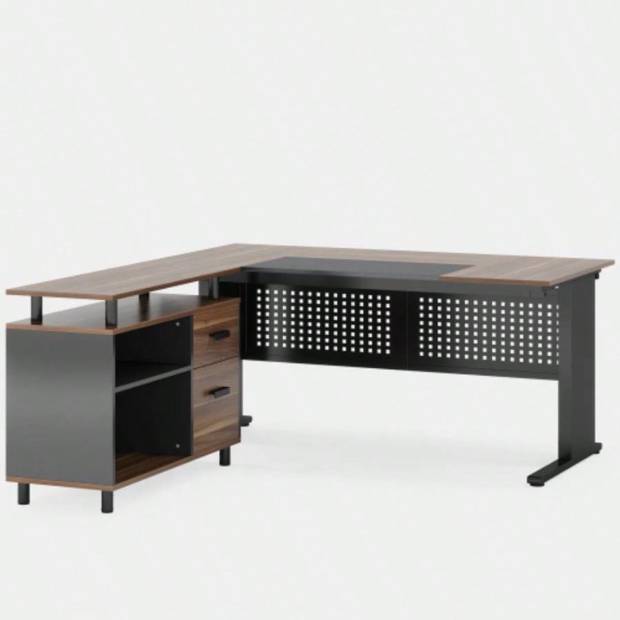63 L - Shaped Executive Desk with File Cabinet, Large Modern Office Desk with Drawers, Shelves Storage, Corner Computer Workstation Home Office, Business Desk in Rustic Brown and Black