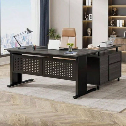 63 L - Shaped Executive Desk with File Cabinet, Large Modern Office Desk with Drawers, Shelves Storage, Corner Computer Workstation Home Office, Business Desk in Gray and Black