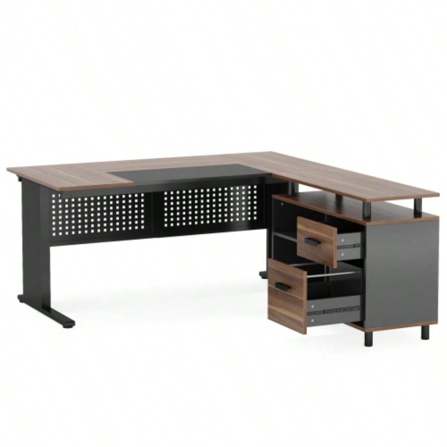 63 L - Shaped Executive Desk with File Cabinet, Large Modern Office Desk with Drawers, Shelves Storage, Corner Computer Workstation Home Office, Business Desk in Rustic Brown and Black
