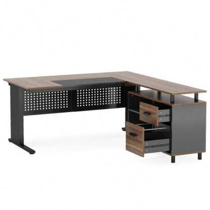 63 L - Shaped Executive Desk with File Cabinet, Large Modern Office Desk with Drawers, Shelves Storage, Corner Computer Workstation Home Office, Business Desk in Rustic Brown and Black