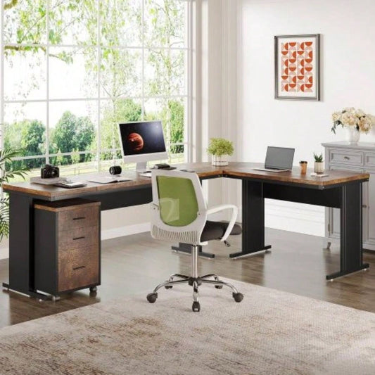 83 L - Shaped Executive Desk, Large Industrial Corner Computer Table with Reversible Design, 3 - Drawer Mobile File Cabinet, Business Workstation Home Office, Rustic Brown Black