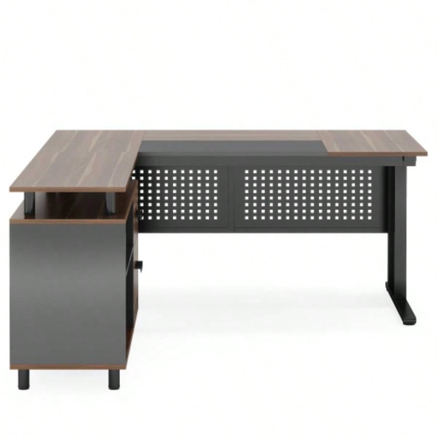 63 L - Shaped Executive Desk with File Cabinet, Large Modern Office Desk with Drawers, Shelves Storage, Corner Computer Workstation Home Office, Business Desk in Rustic Brown and Black
