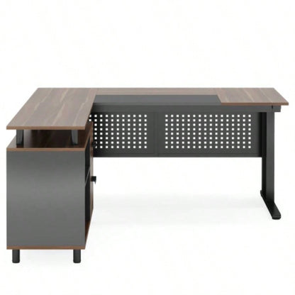 63 L - Shaped Executive Desk with File Cabinet, Large Modern Office Desk with Drawers, Shelves Storage, Corner Computer Workstation Home Office, Business Desk in Rustic Brown and Black