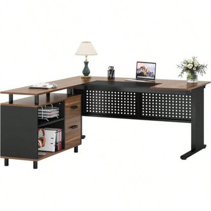 63 L - Shaped Executive Desk with File Cabinet, Large Modern Office Desk with Drawers, Shelves Storage, Corner Computer Workstation Home Office, Business Desk in Rustic Brown and Black