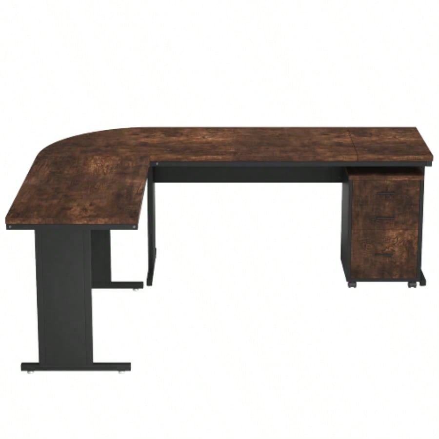 83 L - Shaped Executive Desk, Large Industrial Corner Computer Table with Reversible Design, 3 - Drawer Mobile File Cabinet, Business Workstation Home Office, Rustic Brown Black
