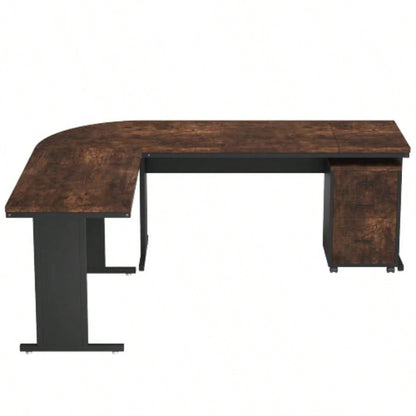 83 L - Shaped Executive Desk, Large Industrial Corner Computer Table with Reversible Design, 3 - Drawer Mobile File Cabinet, Business Workstation Home Office, Rustic Brown Black