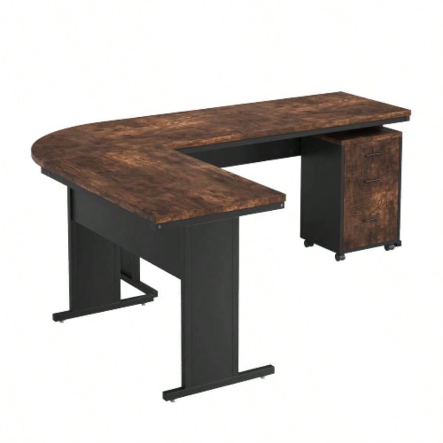 83 L - Shaped Executive Desk, Large Industrial Corner Computer Table with Reversible Design, 3 - Drawer Mobile File Cabinet, Business Workstation Home Office, Rustic Brown Black