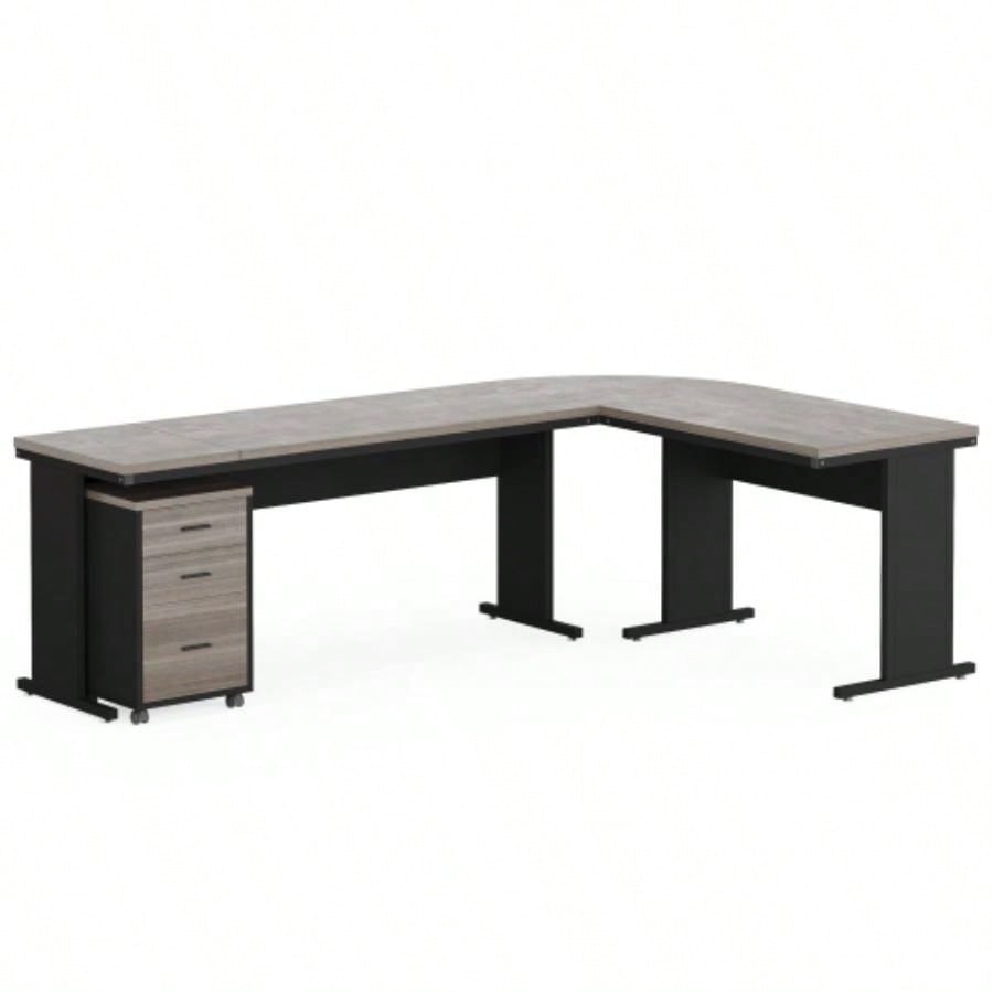 83 L - Shaped Executive Desk, Large Industrial Corner Computer Table with Reversible Design, 3 - Drawer Mobile File Cabinet, Business Workstation Home Office, Gray