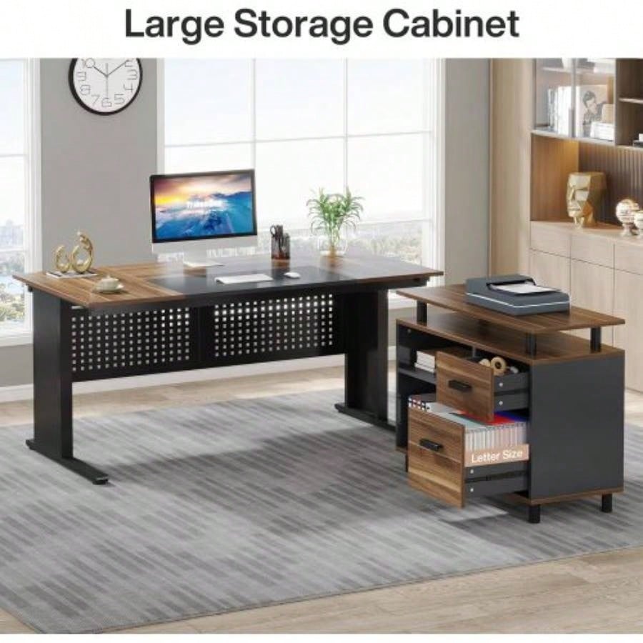 63 L - Shaped Executive Desk with File Cabinet, Large Modern Office Desk with Drawers, Shelves Storage, Corner Computer Workstation Home Office, Business Desk in Rustic Brown and Black