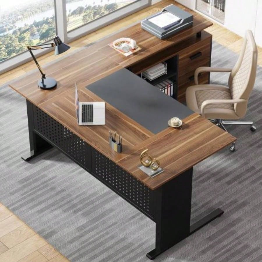 63 L - Shaped Executive Desk with File Cabinet, Large Modern Office Desk with Drawers, Shelves Storage, Corner Computer Workstation Home Office, Business Desk in Rustic Brown and Black