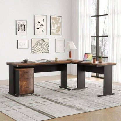 83 L - Shaped Executive Desk, Large Industrial Corner Computer Table with Reversible Design, 3 - Drawer Mobile File Cabinet, Business Workstation Home Office, Rustic Brown Black