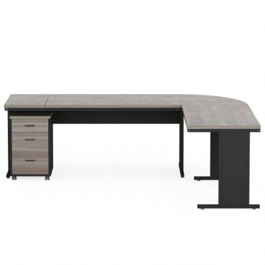 83 L - Shaped Executive Desk, Large Industrial Corner Computer Table with Reversible Design, 3 - Drawer Mobile File Cabinet, Business Workstation Home Office, Gray