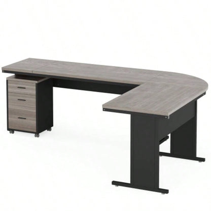 83 L - Shaped Executive Desk, Large Industrial Corner Computer Table with Reversible Design, 3 - Drawer Mobile File Cabinet, Business Workstation Home Office, Gray