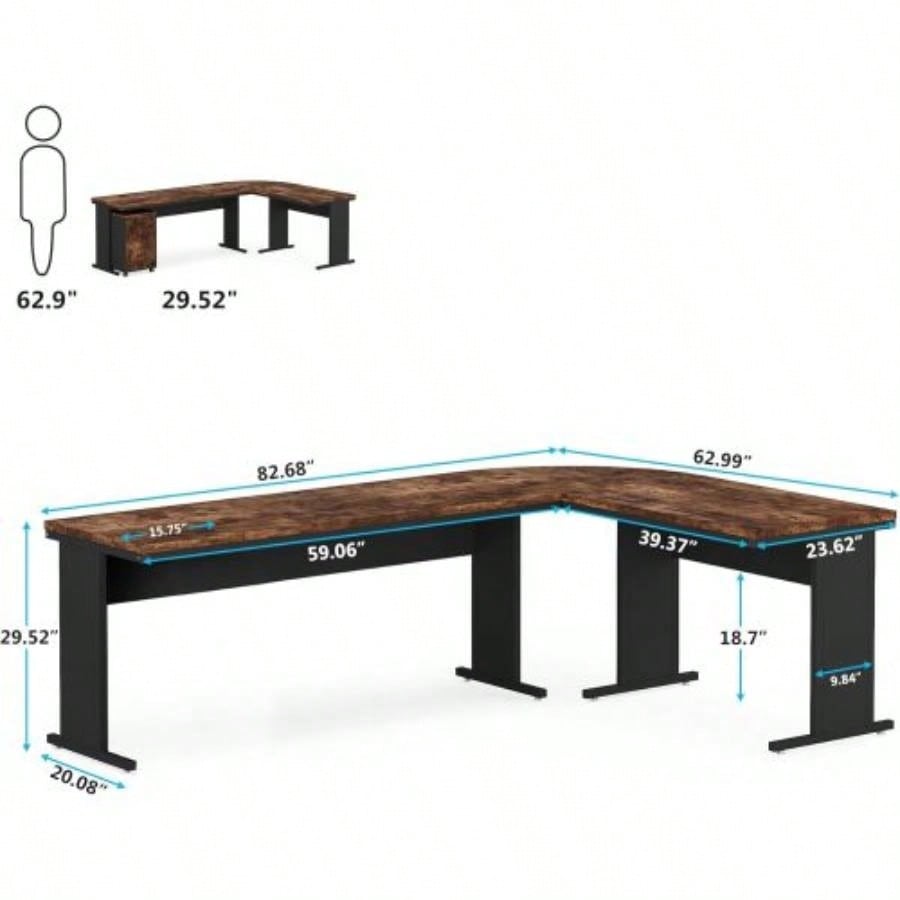 83 L - Shaped Executive Desk, Large Industrial Corner Computer Table with Reversible Design, 3 - Drawer Mobile File Cabinet, Business Workstation Home Office, Rustic Brown Black