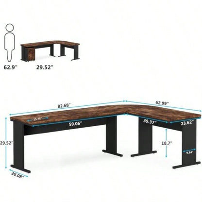83 L - Shaped Executive Desk, Large Industrial Corner Computer Table with Reversible Design, 3 - Drawer Mobile File Cabinet, Business Workstation Home Office, Rustic Brown Black