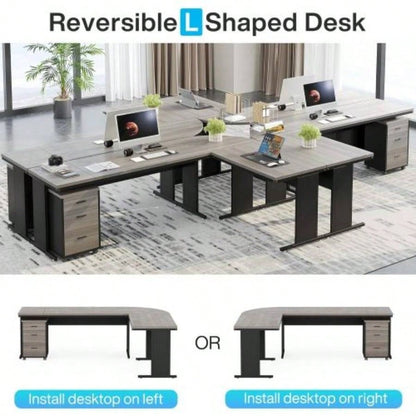 83 L - Shaped Executive Desk, Large Industrial Corner Computer Table with Reversible Design, 3 - Drawer Mobile File Cabinet, Business Workstation Home Office, Gray