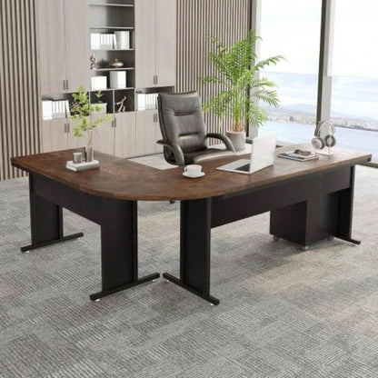 83 L - Shaped Executive Desk, Large Industrial Corner Computer Table with Reversible Design, 3 - Drawer Mobile File Cabinet, Business Workstation Home Office, Rustic Brown Black