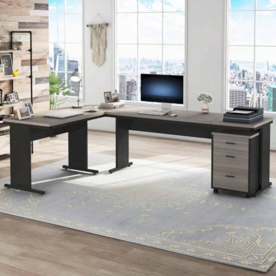 83 L - Shaped Executive Desk, Large Industrial Corner Computer Table with Reversible Design, 3 - Drawer Mobile File Cabinet, Business Workstation Home Office, Gray