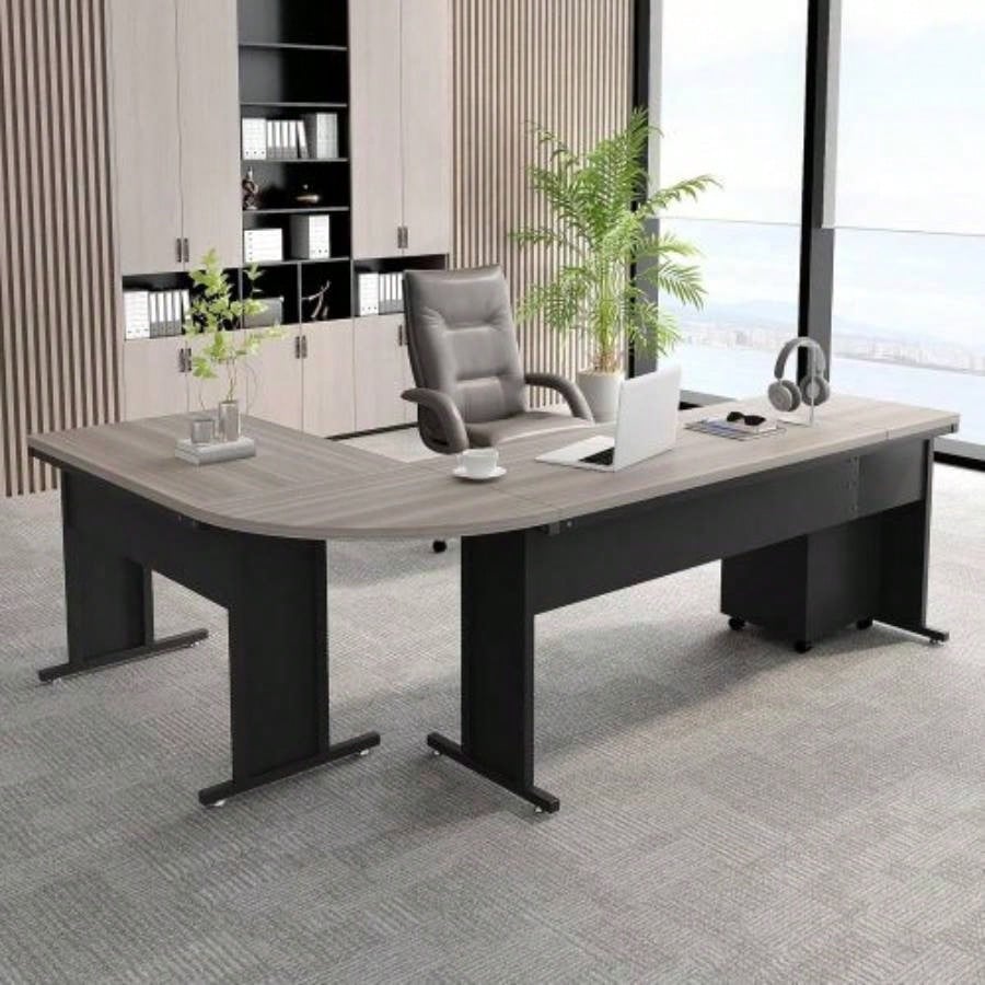 83 L - Shaped Executive Desk, Large Industrial Corner Computer Table with Reversible Design, 3 - Drawer Mobile File Cabinet, Business Workstation Home Office, Gray
