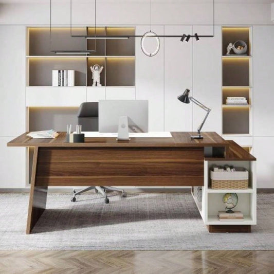 70.5 L - Shaped Executive Office Desk with Storage Cabinet Shelves, Large Modern Mid - Computer Workstation Home Office, Walnut White