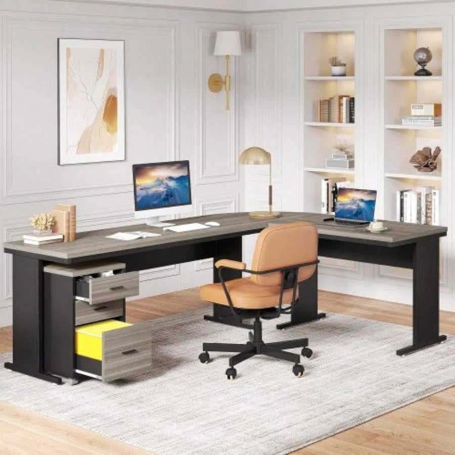83 L - Shaped Executive Desk, Large Industrial Corner Computer Table with Reversible Design, 3 - Drawer Mobile File Cabinet, Business Workstation Home Office, Gray
