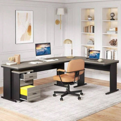 83 L - Shaped Executive Desk, Large Industrial Corner Computer Table with Reversible Design, 3 - Drawer Mobile File Cabinet, Business Workstation Home Office, Gray