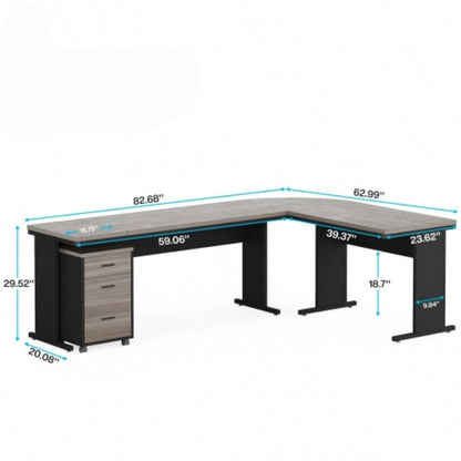 83 L - Shaped Executive Desk, Large Industrial Corner Computer Table with Reversible Design, 3 - Drawer Mobile File Cabinet, Business Workstation Home Office, Gray