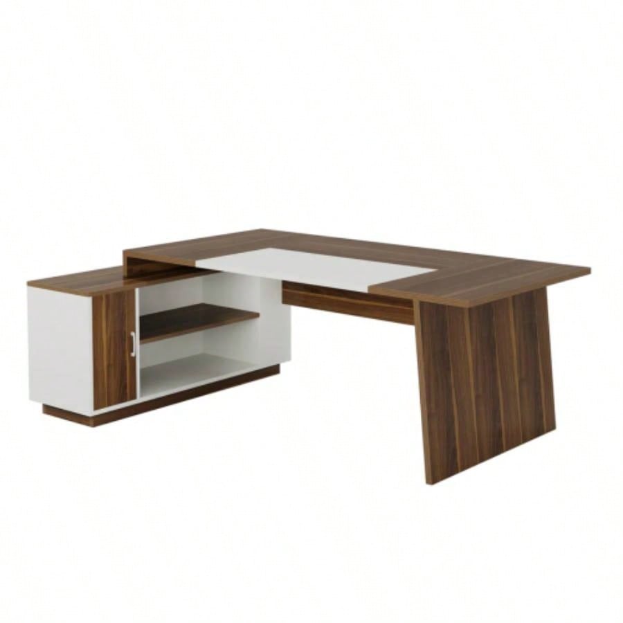 70.5 L - Shaped Executive Office Desk with Storage Cabinet Shelves, Large Modern Mid - Computer Workstation Home Office, Walnut White